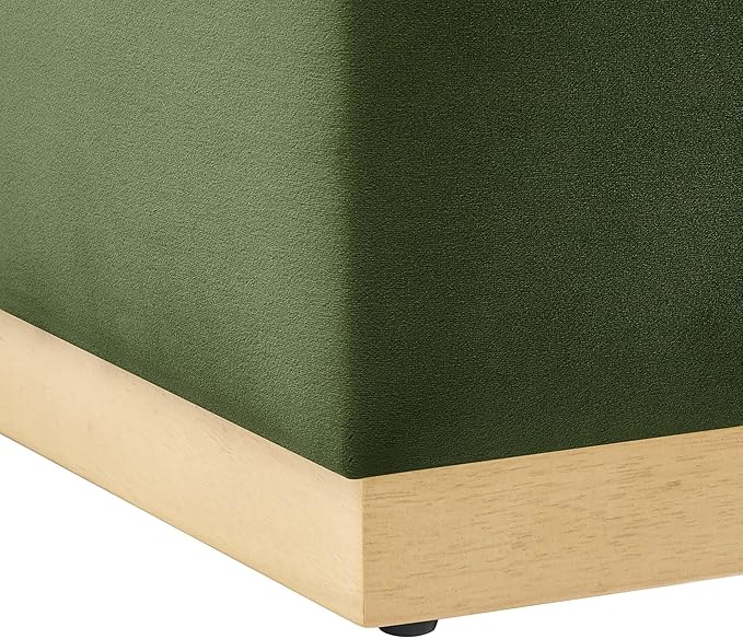 Modway Tilden 17 Inch Square Performance Velvet Upholstered Ottoman in Moss Green Natural - Small Ottoman Foot Rest with Rubberwood Plinth Base - Living Room Ottoman Side Table,