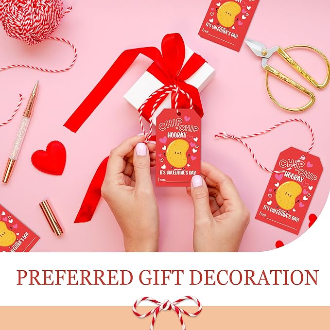 50Pcs Chip Chip Hooray Valentines Tags, Valentine Thank You Gift Label with String, Hanging Paper Gift Label for Wrapping Treat Bag, Idea Valentines Activity School Classroom Party Favors