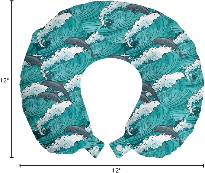 Ambesonne Sea Animals Travel Pillow Neck Rest, Wavy Ocean with Dolphins Windy Surfing Doodle Style Art Print, Memory Foam Traveling Accessory for Airplane and Car, 12", Charcoal