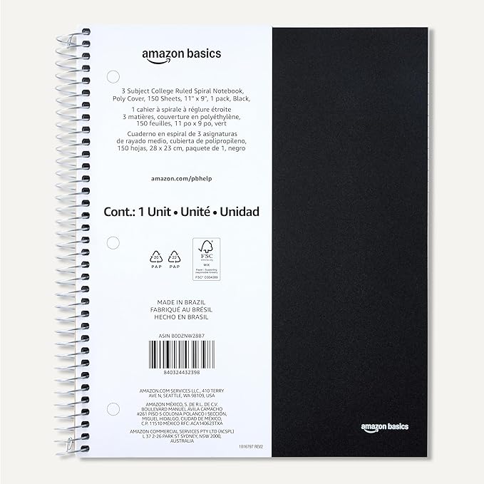 Amazon Basics College Ruled Spiral Notebook, Poly Cover, 3 Subject, 150 Sheets, 9" x 11", Black, 1 pack