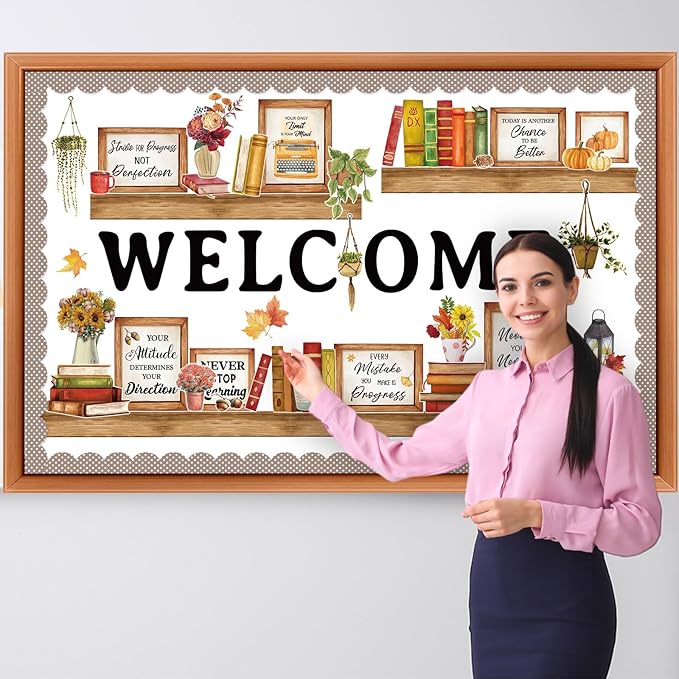 Qilery Bookshelf Bulletin Board Set Welcome Fall Motivational Classroom Decor Reading Library Bulletin Board Set Inspirational Cutout for Back to School Classroom Decoration