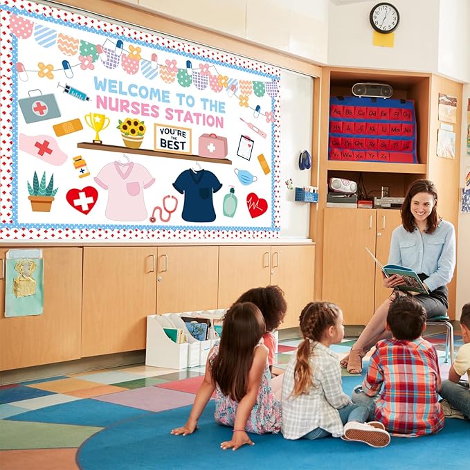 79Pcs School Nurse Bulletin Board Decorations Set Welcome Back to School Classroom Decorations Kit Nurse Appreciation Office Decor Medical RN Cutouts Healthcare Workers Decor for Chalkboard Wall Door
