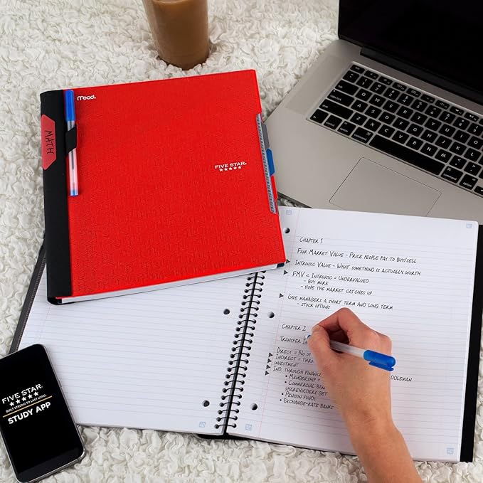 Five Star Advance Spiral Notebooks + Study App, 2 Pack, 3 Subject, College Ruled Paper, 11" x 8-1/2", 150 Sheets, with Spiral Guard and Movable Dividers, Red, White (820111)