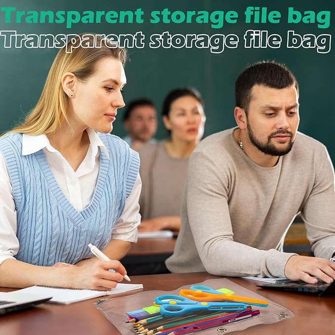 Lincia 24 Pack Clear Pencil Pouch for 3 Ring Binder Pencil Case with Zipper 3 Ring Binder Pocket Insert Bag 10 x 7'' Visible Cash Envelope with Re-enforced Grommet for Office (Clear)