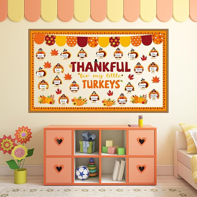 Thanksgiving Turkey Bulletin Board Set Thankful Classroom Decoration My Little Turkeys Paper Cutouts DIY Fall Crafts Bulletin Board Border for School Wall Autumn Decor Teacher Supplies