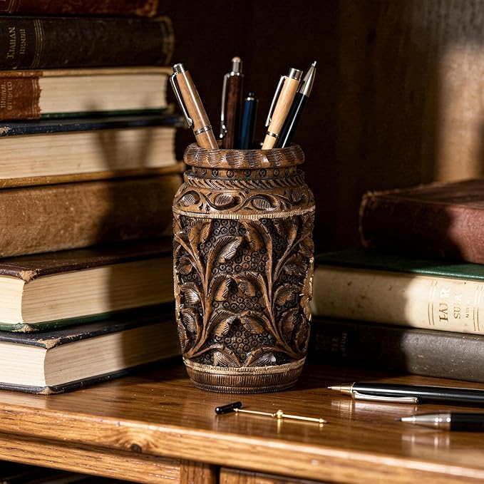 Craft Trade Hand Carved Wood Pen Holder for Desk Organizer for Home School Office Supplies Pencil Cup Pot Storage Box Suitable for Stationery - Natural Wood