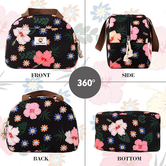 Large Lunch Box for Women, Cute Lunch Box Cooler Bag, Portable Insulated LunchBox Reusable Corduroy Lunch Tote for Work/Travel/Picnic (Flower)
