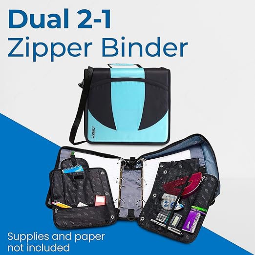 Case-it The Dual 2-in-1 Zipper Binder | Two 1.5-Inch D-Rings, 600 Sheet Capacity, Pencil Pouch & Multiple Pockets | School & Office Organizer with Shoulder Strap | Dual-101 Spearmint (Pack of 6)