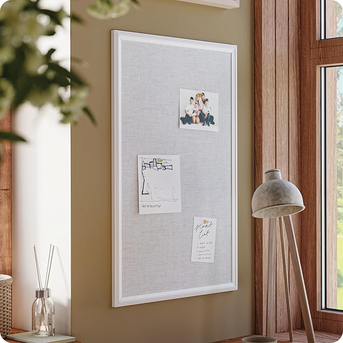 U Brands Farmhouse Linen Bulletin Board, 30" x 20", White Wood Style Frame, Includes Push Pins