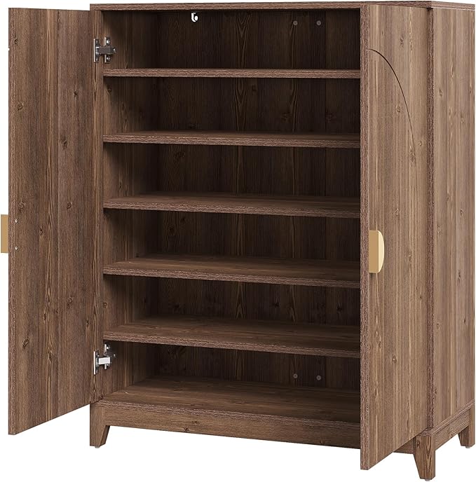 LITTLE TREE Wooden Shoe Cabinet with 2 Doors, 6-Tier Shoe Cabinet Storage for Entryway with 5 Adjustable Shelves, Farmhouse Tall Shoe Rack Organizer, Shoe Organizer Cabinet for Hallway, Rustic Brown