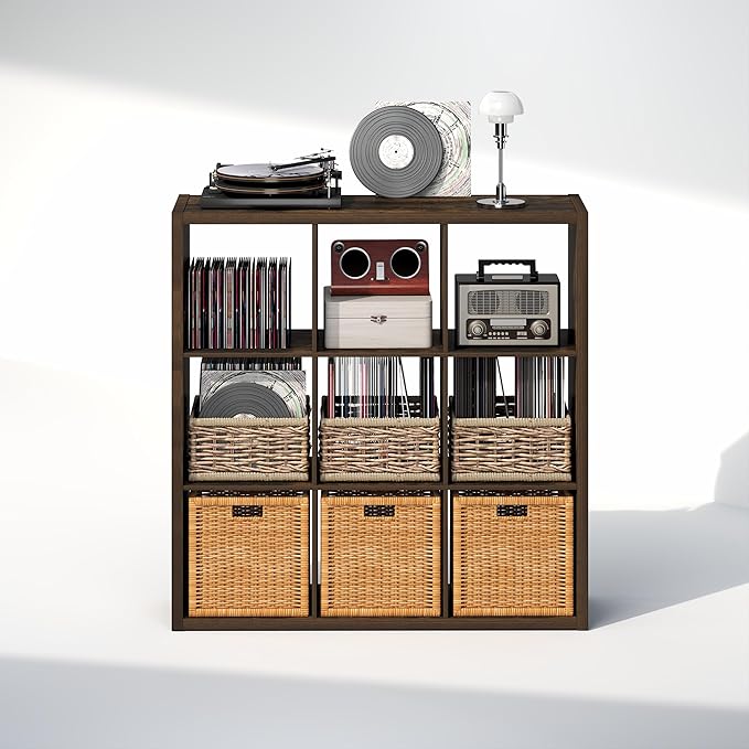 Furinno Cubicle Record Player Stand with Vinyl Storage, 9-Cube 1.2 Extra Thick Vinyl Record Storage, Open Back Media Shelf for CD DVD Blueray Game Disc, for Living Room, Home Office, Amber Pine