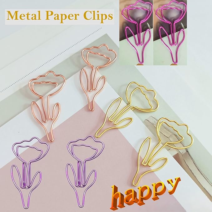 24 Pcs Metal Paper Clips Set - Multicolored Rose-Shaped Cute Paperclips for School and Office File Organization, Suitable for Party and Wedding Decor