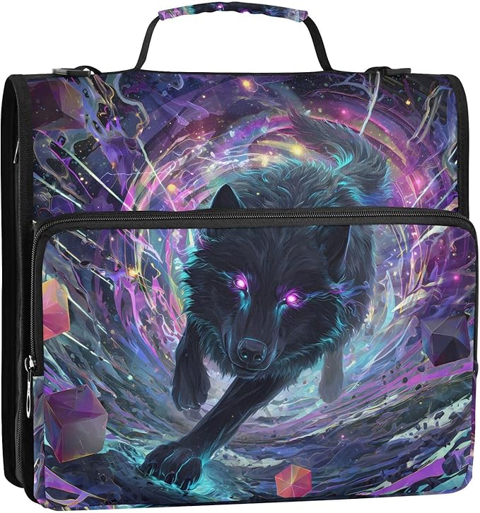 Black Wolf Purple Eyes Galaxy Zipper Binder Bag 3 Ring Binder with Shoulder Strap Zip Up 500 Sheets Capacity Multi Pockets for School Office Supplies