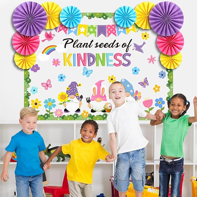 Eersida Spring Bulletin Board Decorations with Paper Fans St Patricks Day 3D Classroom Bulletin Board Christian Easter Flower Bunny Cutouts School VBS Library Church Window Wall Decor(Gnome)