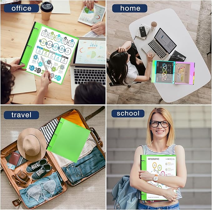 INFUN 1 Inch 3-Ring Telescoping Project Organizer Binder,13 Pocket, Customizable Front Cover, 5 Colors Pocket Divider and Plastic Binder Pocket,225 Sheet Capacity-Green