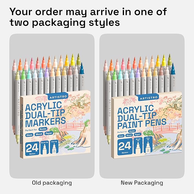 ARTISTRO 24 Pastel Acrylic Paint Markers - Paint Pens for Calligraphy, Brush + Fine Tips - For Fabric, Rock, Glass, Wood, DIY, Craft, Canvas - Art and Craft Supplies for Adults, Teens, Kids