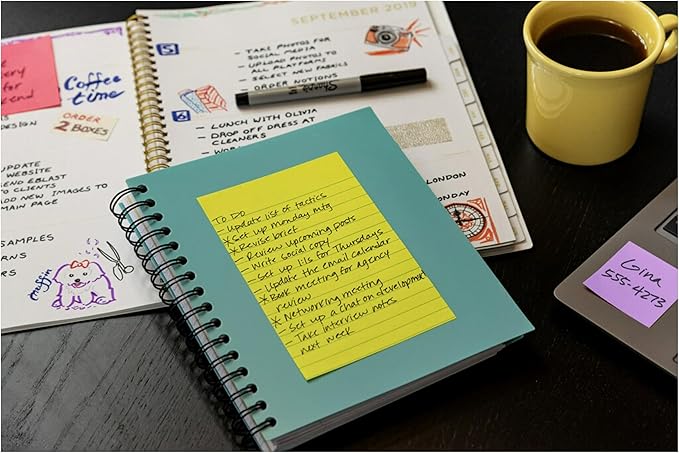 Post-it 100% Recycled Paper Super Sticky Notes, Lined, 4 in. x 6 in., 4 Pads, 45 Sheets per Pad, Oasis Collection, New Year Organization or Second Semester School Supplies