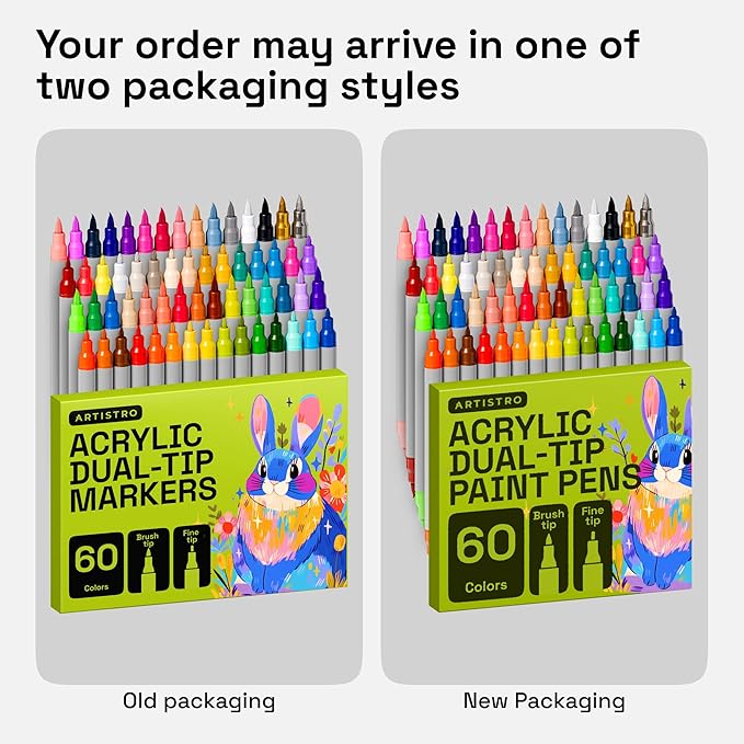 ARTISTRO 60 Acrylic Paint Markers - Paint Pens for Calligraphy, Brush + Fine Tips - For Fabric, Rock, Glass, Wood, DIY, Craft, Canvas - Art and Craft Supplies for Adults, Teens, Kids