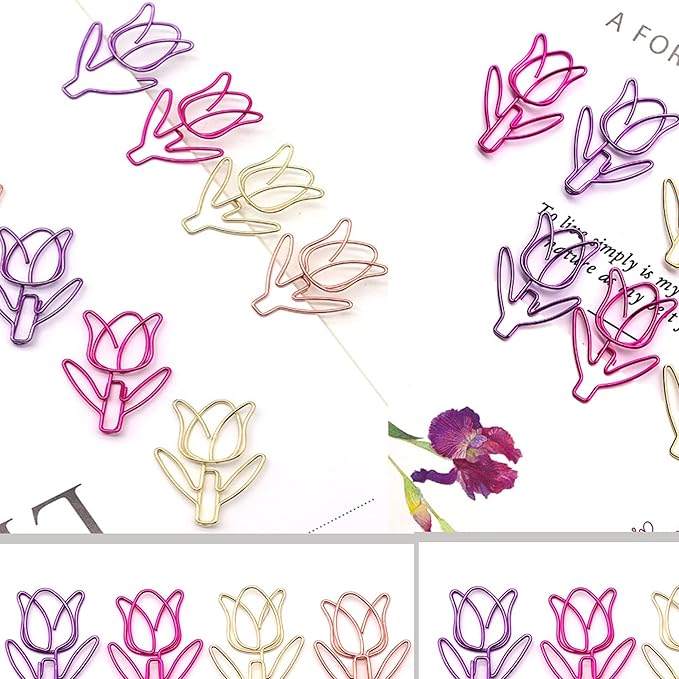 40 Pcs Metal Flower Paper Clips Set, Cute Large Decorative Paperclips for File Organization, School, Home Office and Wedding Decor 4 Colors(TULIPFLOWER)