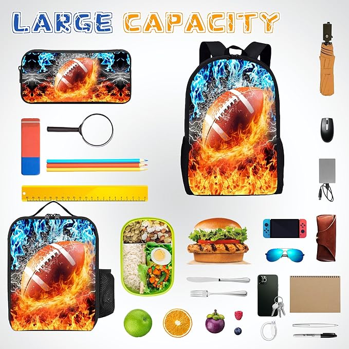 3PCS Football Backpack Set for Boys, Lightweight Large Backpack with Lunch Box & Pencil Case, Cool Sport Bookbag for Kids, Back to School Backpacks for Elementary & Middle School - 01