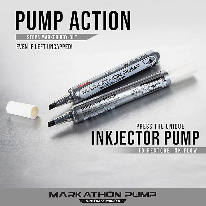 Pentel Markathon Pump Dry Erase Marker, Chisel Tip, Assorted Colors, 4 Pack (MWL6SXBP4M)