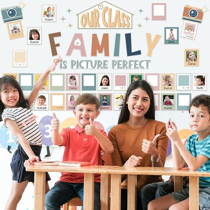52 Pcs Boho Bulletin Board Decor for Classroom, Our Class is a Family Picture Frame Bulletin Board Set for Teachers Chalkboard School Home Door Decor