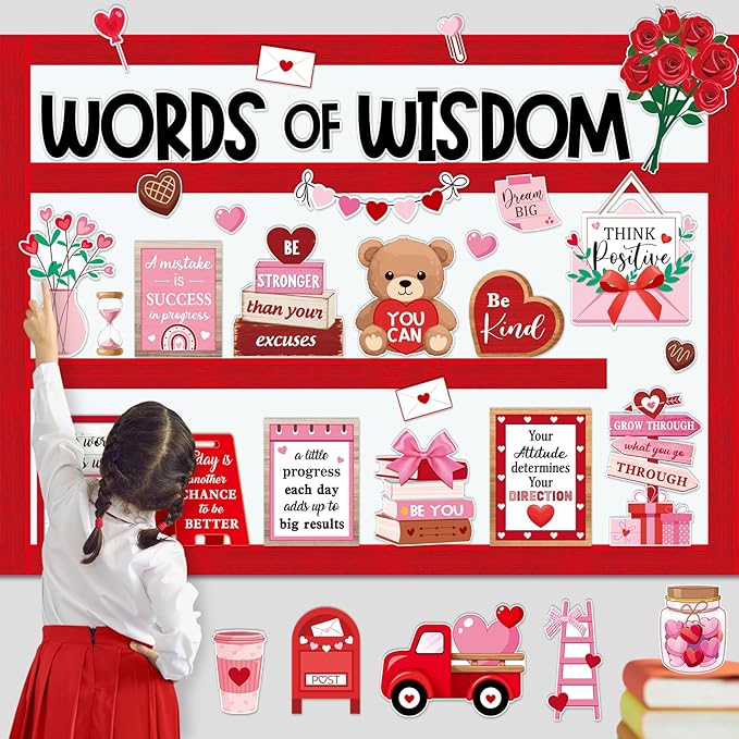 57 Pcs Sweet Bulletin Board Set Pink Red Heart Envelope Paper Cutouts Positive Quotes Classroom Bulletin Board Decor for School Chalkboard Wall Door Window