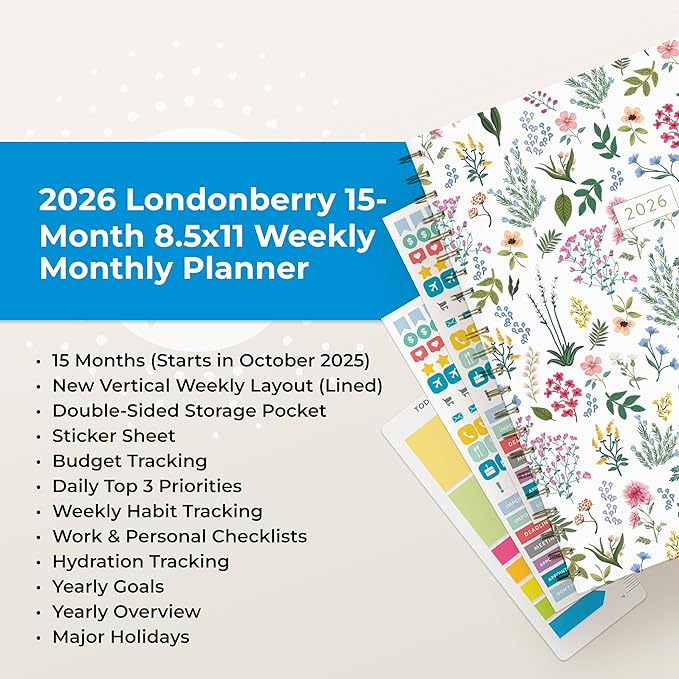 Blue Sky 15 Month 2026 Weekly and Monthly Planner Calendar, October 2025 - December 2026, 8.5" x 11", Hard Cover, Durable Twin Wire Binding, Laminated Tabs, Storage Pocket, Includes Ruler, Sticky Notes & Stickers, Londonberry