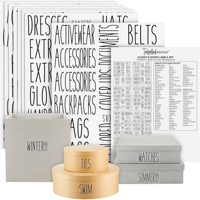 Talented Kitchen Clothing Bin Labels - Water-Resistant Closet Organizer Labels - Preprinted All-Caps Clothing Storage Tags - Organized Closet Storage - 133 Pack, 1.75 x 1.5-3.25 in, White Vinyl