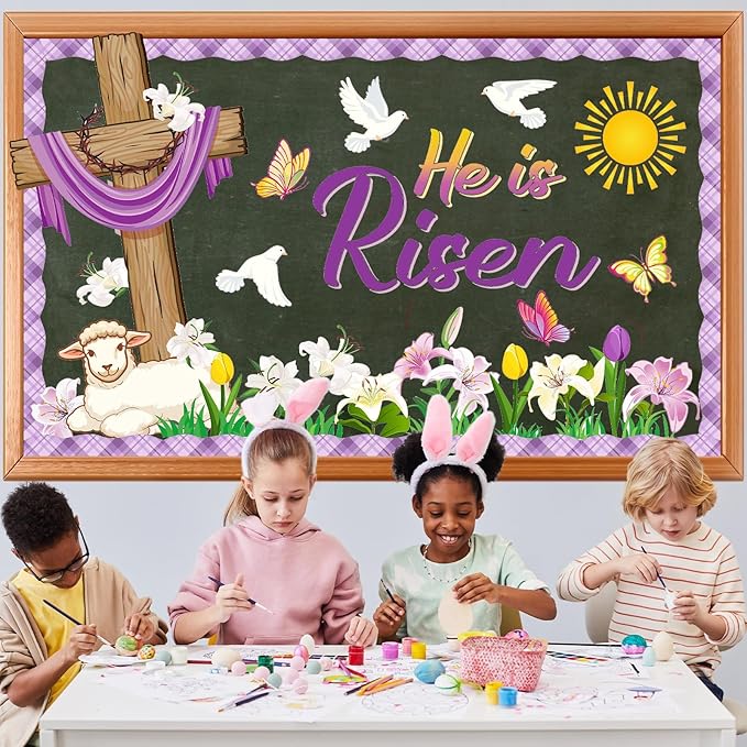 Pajean Easter Bulletin Boards Easter Classroom Decor Christian Religious Bulletin Board He is Risen Cross Bunny Egg Cutouts for Spring School Home Church Wall Door(Cross)