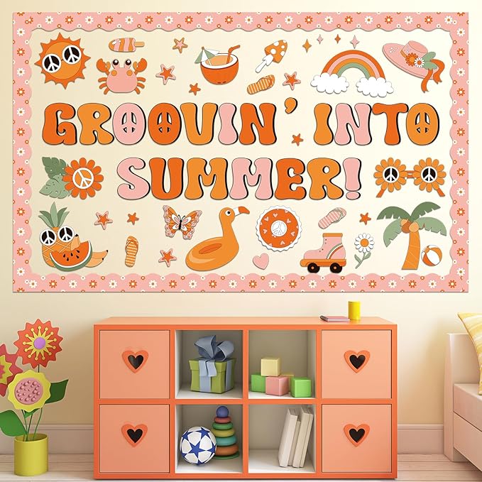 gisgfim Groovy Summer Bulletin Board Decoration Set Classroom Retro Tropical Hawaiian Cutouts Paper Borders for Summer Beach Pool Bulletin Board School Craft Home Wall(Groovin’ Into Summer)