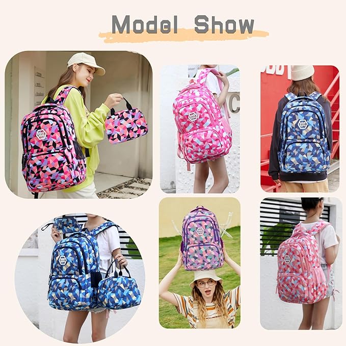 Bansusu 3Pcs Pink-a-3pcs Geometric Print Backpack and Lunch-Bag Set for Girls School Elementary Bookbags, 12.999.4418.89inch