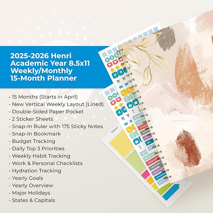Blue Sky 15 Month Weekly and Monthly Academic Year Planner Calendar, April - June, Hard Cover, Wirebound, Laminated Tabs, Storage Pocket, Includes Snap-in Ruler w/Sticky Notes & Sticker Sheet (Henri- 2025/2026, 8.5" x 11")