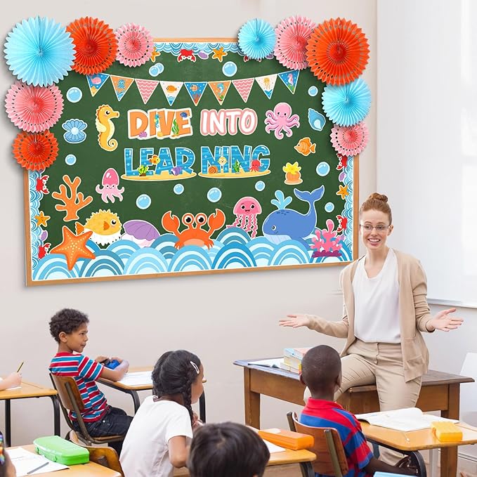 Eersida Spring Bulletin Board Decorations with Paper Fans St Patricks Day 3D Classroom Bulletin Board Christian Easter Flower Bunny Cutouts School VBS Library Church Window Wall Decor(Ocean)