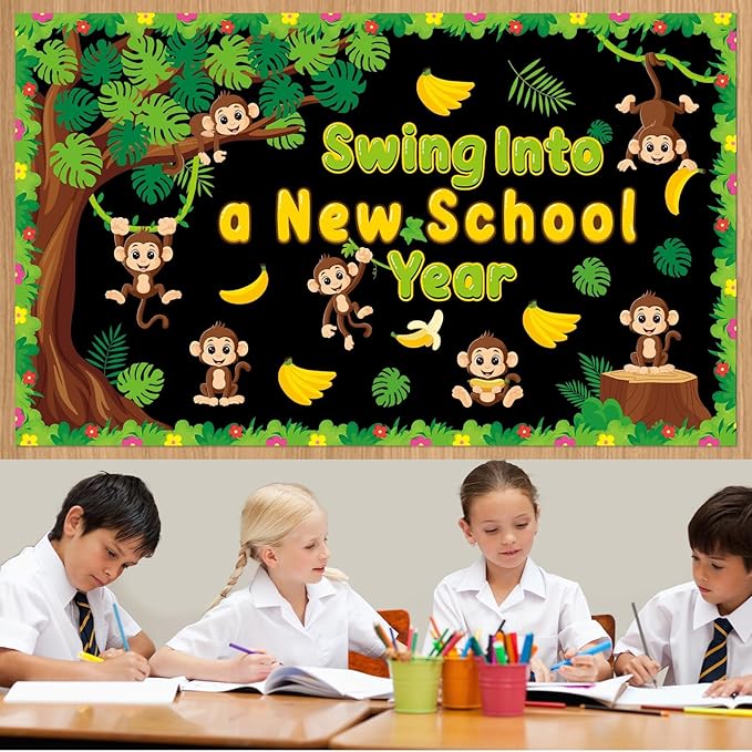 Monkey Tree Bulletin Board Swing Into A New School Year Classroom Bulletin Board Decorations Jungle Monkey Name Tag Paper Cutouts for Summer Back to School Wall Decor Teacher Supplies
