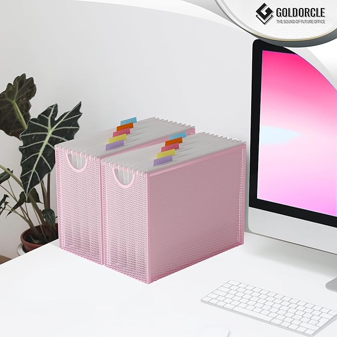 Hanging File Organizer, Letter-Size File Holder Filing Box with 5 Hanging Folders, Metal Mesh Desk File Folder Storage(No Assembly Required) (Pink, with 5 Grey Folders)