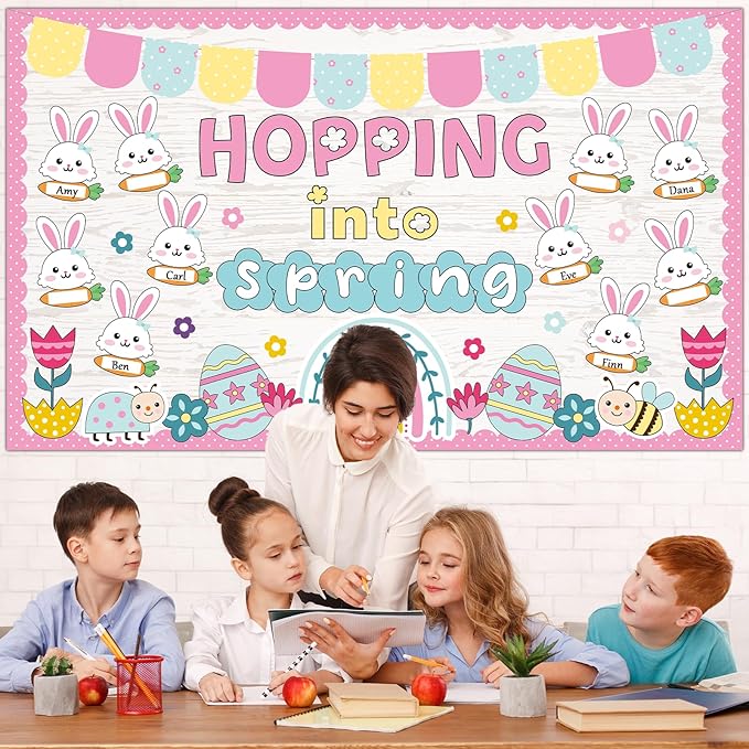 Easter Bunny Bulletin Board Set Hopping Into Spring Classroom Decor Easter Egg Flowers Rainbow Writable Rabbit Cutouts April Bulletin Board for Back to School Party Home Office Chalkboard Wall Decor