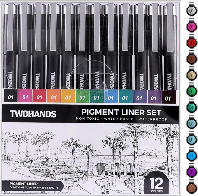 TWOHANDS Drawing Micro Art Pens Marker Pen Colors 01, Fineliner Ink Pens,Set of 12 Technical Drawing pen 0.25mm,Pigment Pen,colord,Waterproof,NO-bleed for Art Watercolor,Sketching,Anime,Manga, 21281