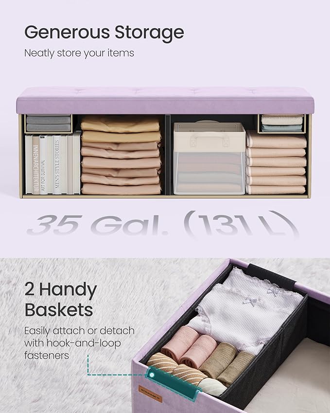 SONGMICS Mazie Collection - Storage Ottoman Bench, Foldable Foot Rest, 15 x 43 x 15 Inches, End of Bed Bench, Storage Chest, Load 660 lb, Living Room, Bedroom, Entryway, Light Lilac ULSF277P01