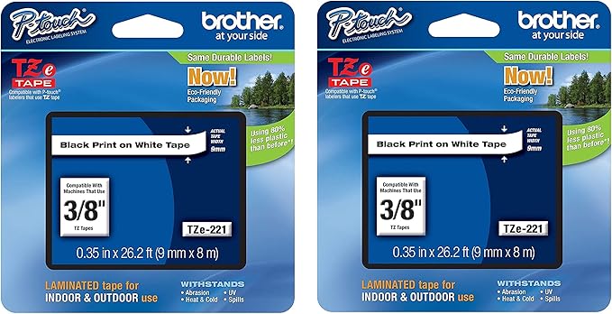 Brother Genuine P-Touch 2-Pack TZe-221 Laminated Tape, Black Print on White Standard Adhesive Laminated Tape for P-Touch Label Makers