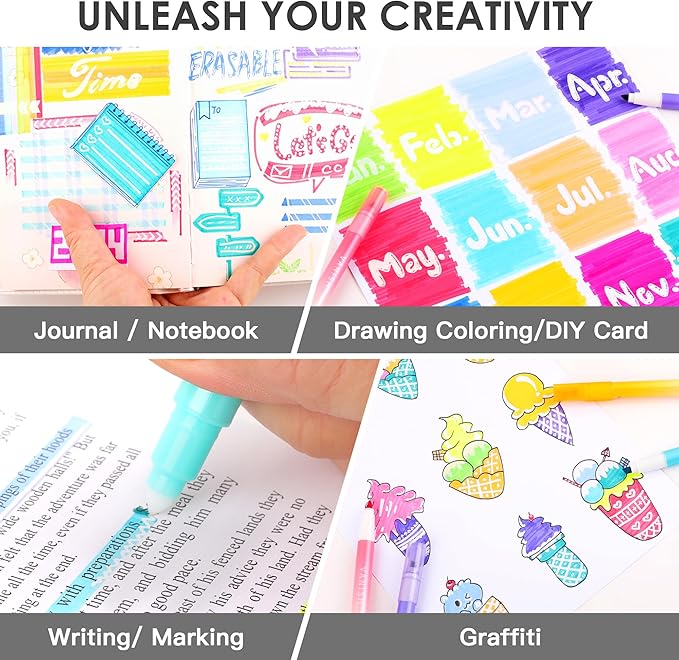 Erasable Highlighters, Dual Tip 10 Pack Highlighters Assorted Colors Erasable, Smooth Writing Book Journaling No Bleeding Highlighter Pens for Bible Journal Planner