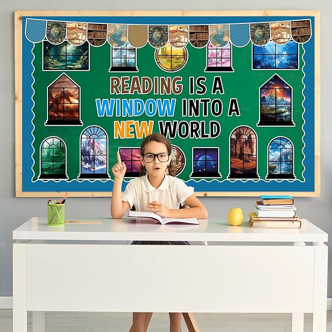 Reading Bulletin Board Set Back to School Classroom Decoration Reading is A Window Into A New World Cutouts Educational Motivational Kindergarten Elementary School Classroom Chalkboard Wall Door Decor