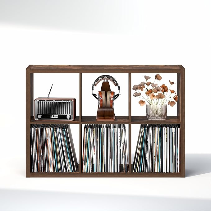 Furinno Cubicle Record Player Stand with Vinyl Storage, 6-Cube 1.2 Extra Thick Vinyl Record Storage, Open Back Media Shelf for CD DVD Blueray Game Disc, for Living Room, Home Office, Amber Pine
