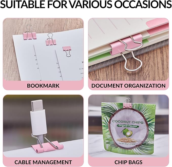 NEEWAY 100 Count Binder Clips Assorted Sizes, Paper Binder Clips (0.6inch 0.75inch 1inch), Metal Paper Clamps for Office and Home (Pink)