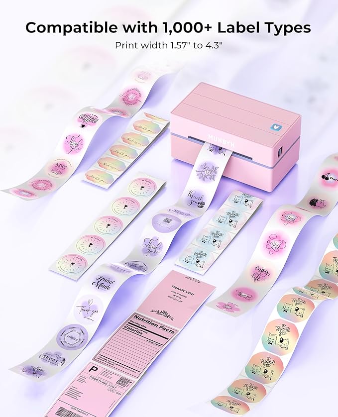 MUNBYN 130B Bluetooth Thermal Label Printer+2.25"x1.25" Pink Thermal Labels+Label Holder for Rolls and Fanfold Labels