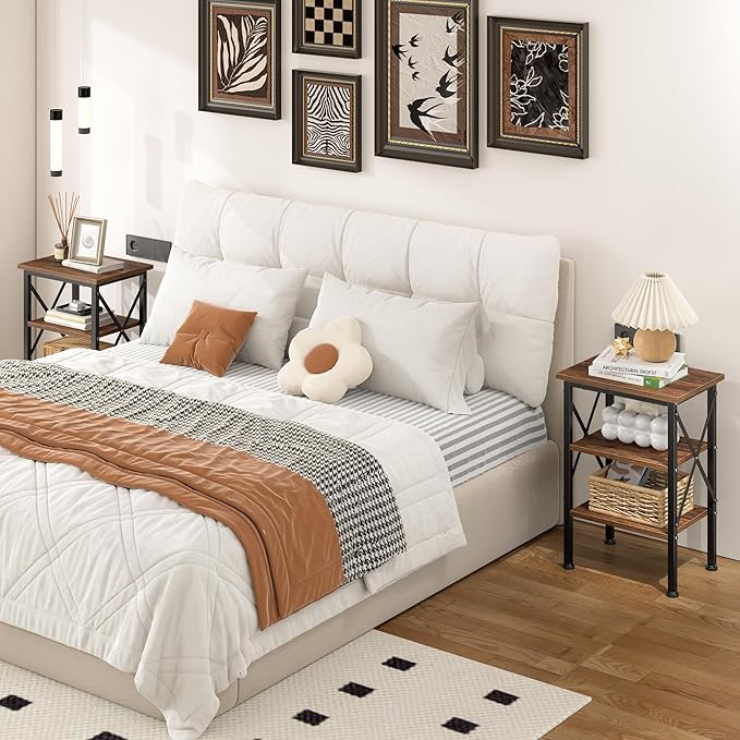 VECELO End Table Set of 2, Bedside Table, 24" Tall Living Room End Tables, X-Design Reinforced Nightstands, Side Table with 3-Tier Storage Shelves for Small Spaces, Office, Bedroom, Rustic Brown