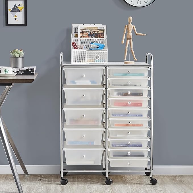Yaheetech 15 Drawers Rolling Storage Cart Multipurpose Mobile Rolling Utility Storage Organizer Cart Tools Scrapbook Paper Organizer on Wheels, White