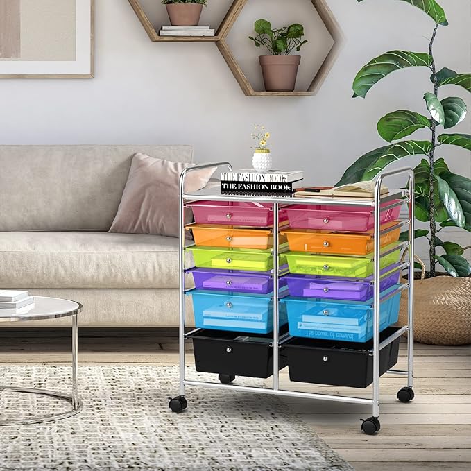 COSTWAY 12-Drawer Rolling Storage Cart, Moveable Art Craft Organizer W/Lockable Wheels, Metal Shelf, Files Arrangement Tools Makeup Storage Cart for Office, Home, School (Rainbow)