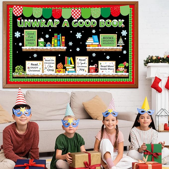 Christmas Bookshelf Bulletin Board Set Unwrap A Good Book Motivational Classroom Decor Reading Library Positive Paper Cutouts Red Green Bulletin Board Border for School Holiday Party Decor Supplies