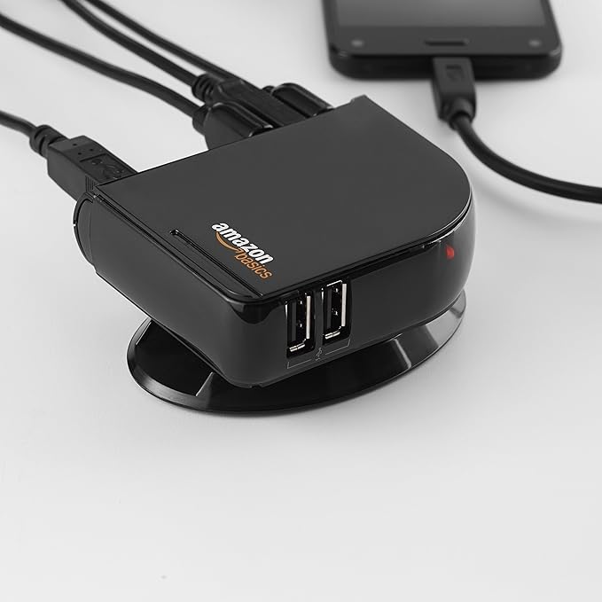 Amazon Basics 7 Port USB 2.0 Hub Tower with 5V/4A Power Adapter, Plug and Play, Charging Ports, Black